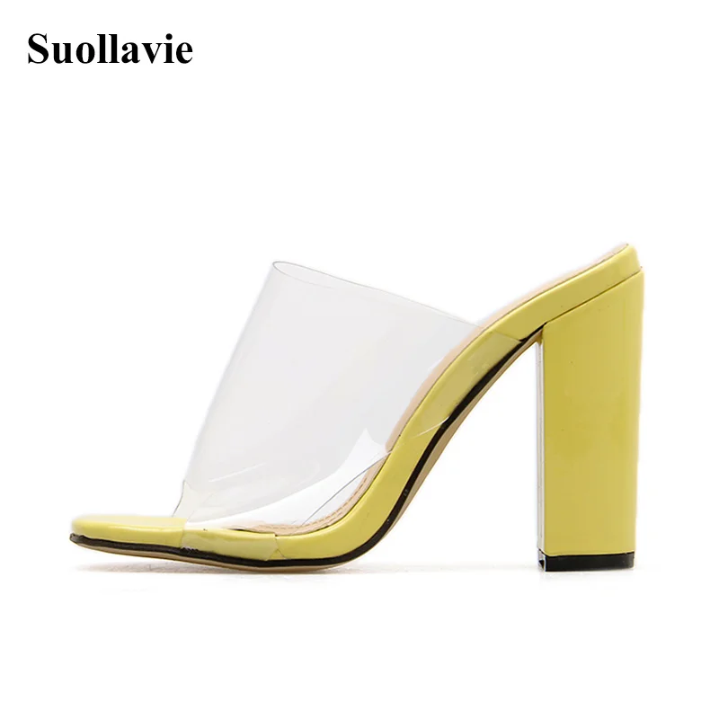 Модные женские шлепанцы прозрачные сандалии на квадратном каблуке босоножки без