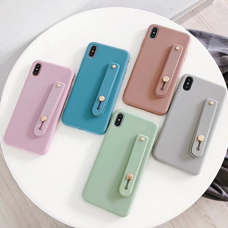 Fashion Candy Color Wrist Strap Hand Band Soft Silicone Couples Case For iphone X XS Max XR 6 6S 7 8 Plus Stand Phone Cover |