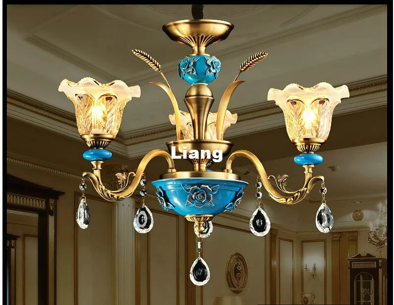 Free Shipping Copper Crystal Chandelier Bronze Blue Ceramic Lamp LED Lustre Suspensions Home Decoration 100% Guaranteed | Лампы и