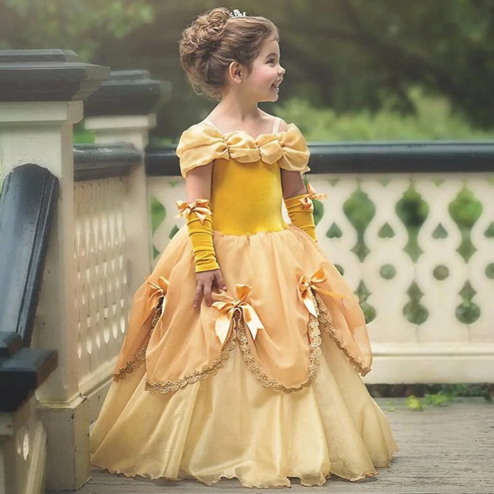 3-11T Girls Yellow Fancy Dress Children Beauty Beast Belle Princess Costumes Party Cosplay Cartoon Kids | Детская одежда и обувь