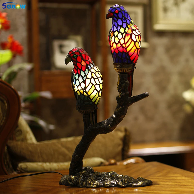 

SGROW Stained Glass Parrot Table Lamp for Bedroom European Style Desk Lights Indoor Lighting Fixtures with E14 Warm White Bulb