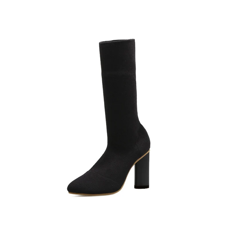 Black Black Heel NIUFUNI/Модные женские ботинки; вязаные эластичные ботинки с острым носком; ботильоны на высоком толстом каблуке; botas Mujer; цвет бежевый, черный; женская обувь - Цвет: Black Black Heel
