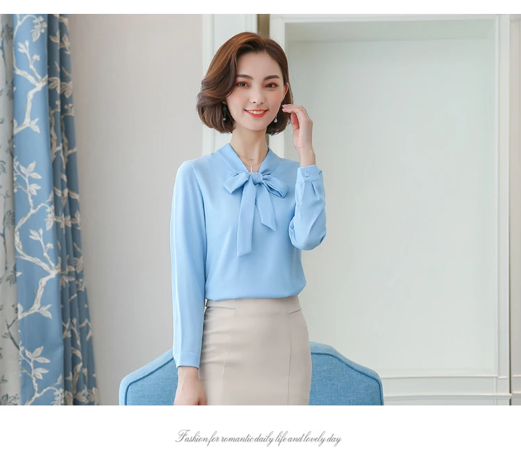 Spring Autumn women Basic style casual Full-sleeve shirts solid Bow V-neck large size loose blouse office lady chiffon tops