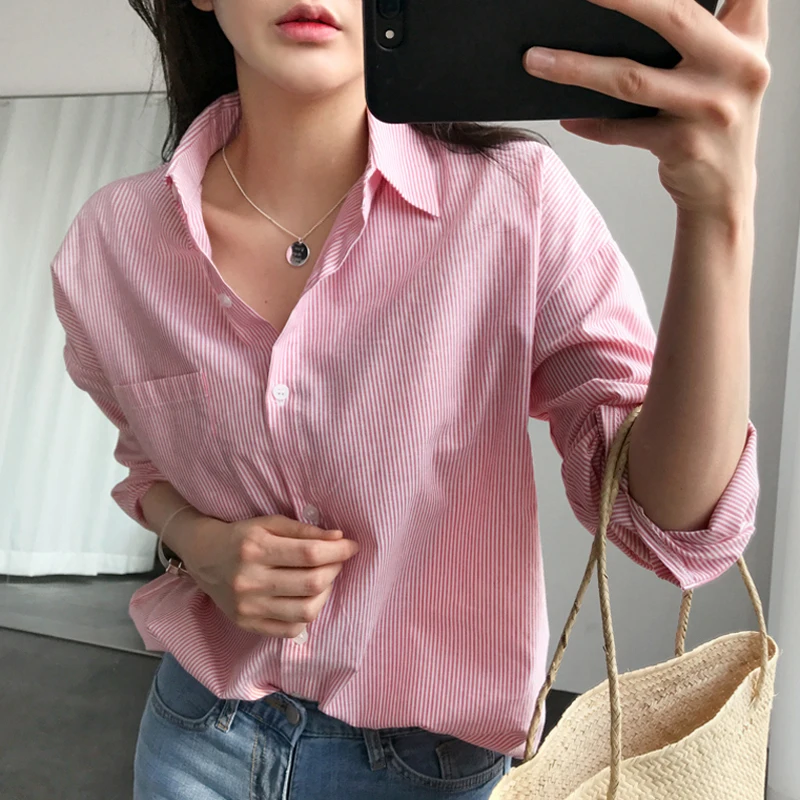 Blusas Mujer De Moda 2018 Осенние Топы полосатая блуза на пуговицах офисные женские карманы
