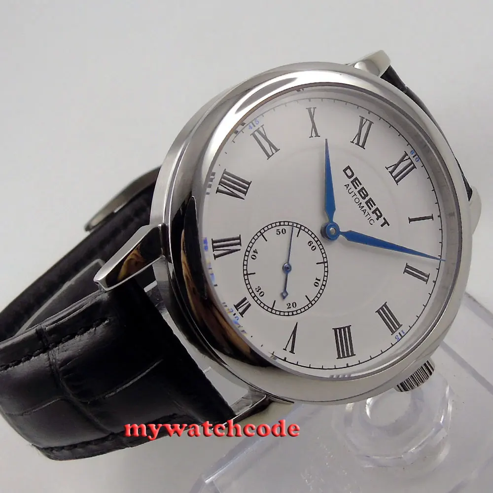 40 мм деберт белый циферблат римские знаки синие стрелки второй на 6