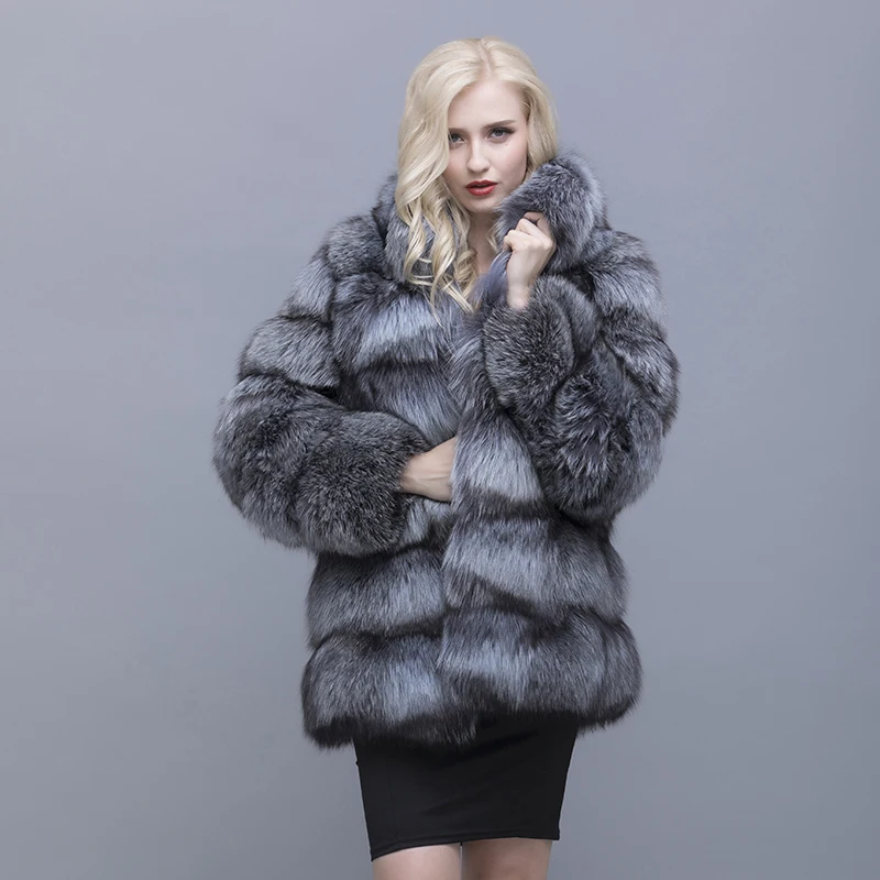 QIUSIDUN Real Fox Fur Mandarin Collar Long Coat Winter Warm Fashion Large Size Woman's Fur Coat Pocket Female Fox Fur Clothing