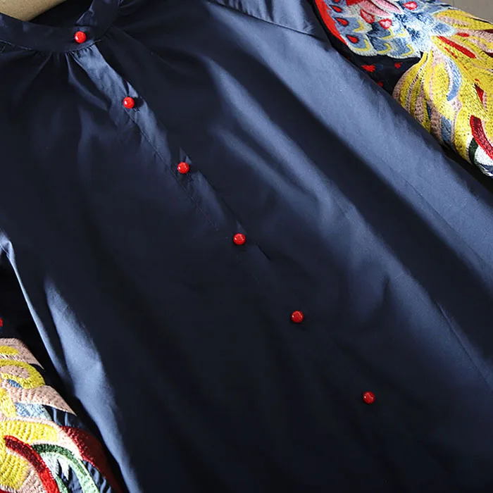 Spring and Summer Cotton Causal Shirts Embroidered Long-sleeved Shirts Woman Full Button Print O-Neck lantern Sleeve Tops