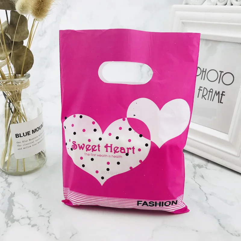 Hot Pink White Heart 25x35 20x25 15x20 см 10 шт. сумка для хранения одежды хозяйственные пластиковые сумки с ручками ювелирные изделия свадебный пластиковый мешочек для упаковки подарков - Цвет: Hot Pink White Heart