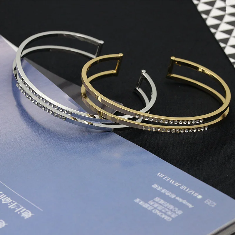 Двойной ряд кристаллов Стразы Открытый браслет серебряный золотой цвет