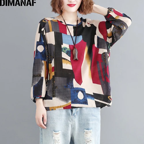 fashion96276CN DIMANAF Plus Size Women T-Shirts Cotton Loose Casual Lady Tops Tunic Long Sleeve Tees Shirts Print Patchwork Female Clothes - Цвет: fashion96276CN