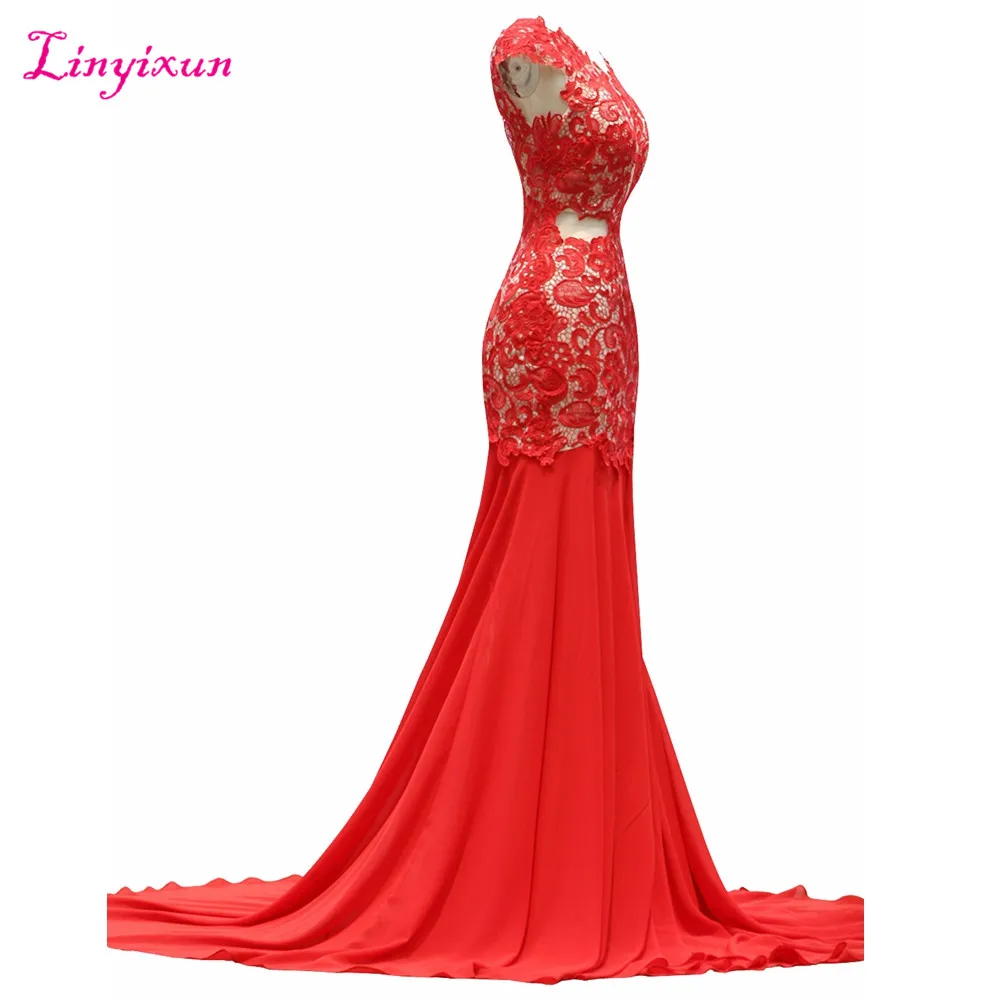 Linyixun реальные фото Русалка Вечерние платья 2017 Vestido de festa с коротким рукавом