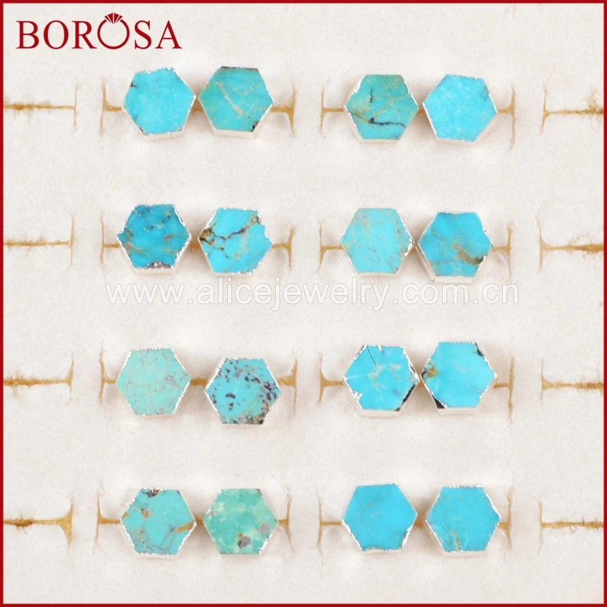 Серьги пусеты BOROSA из чистого серебра с шестиугольным синим натуральным камнем