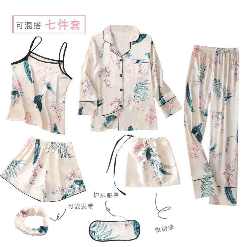 Pink Women's 7 Pieces Pajamas Sets Emulation Silk Striped Pajamas Women Homewear