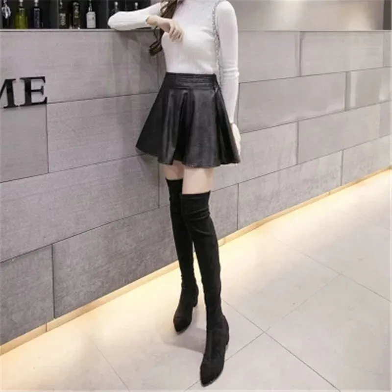 Женская юбка из экокожи с высокой талией осень 2018|skirt autumn|short skirt womenleather short |
