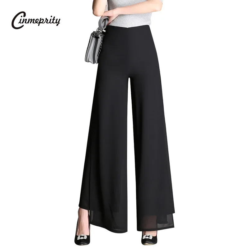 Новый Дизайн дамы старинные свободные Высокая Талия Длинные брюки шифон сбоку