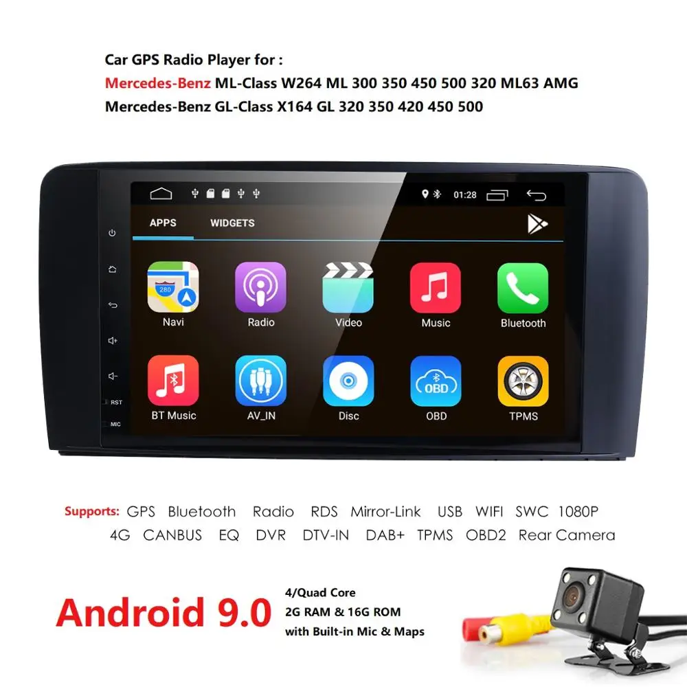 Оптовая продажа! 2Din 9 дюймов Android9.0 автомобильный NO DVD плеер для Mercedes/Benz/ML/GL CLASS W164