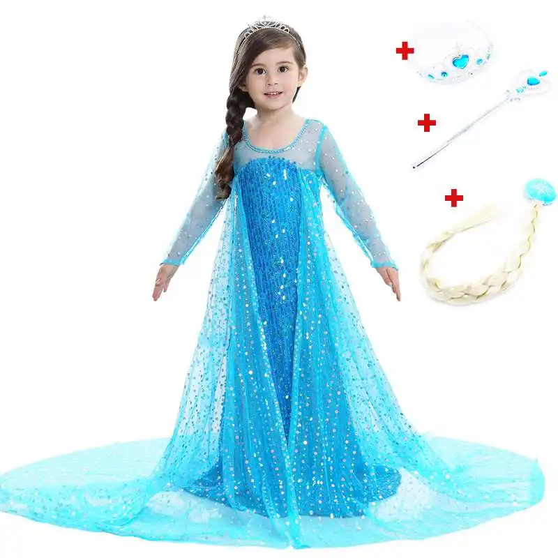 Blue Dress 4pcs Платье Эльзы; костюм для костюмированной вечеринки; одежда принцессы для девочек; платье Анны, Снежной королевы с фатиновой юбкой и накидкой; Рождественский костюм на Хэллоуин - Цвет: Blue Dress 4pcs