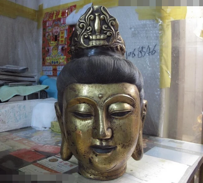 14 Chinese buddhism bronze gild kwan-yin bodhisattva Avalokiteshvara head Statue Copper garden decoration |