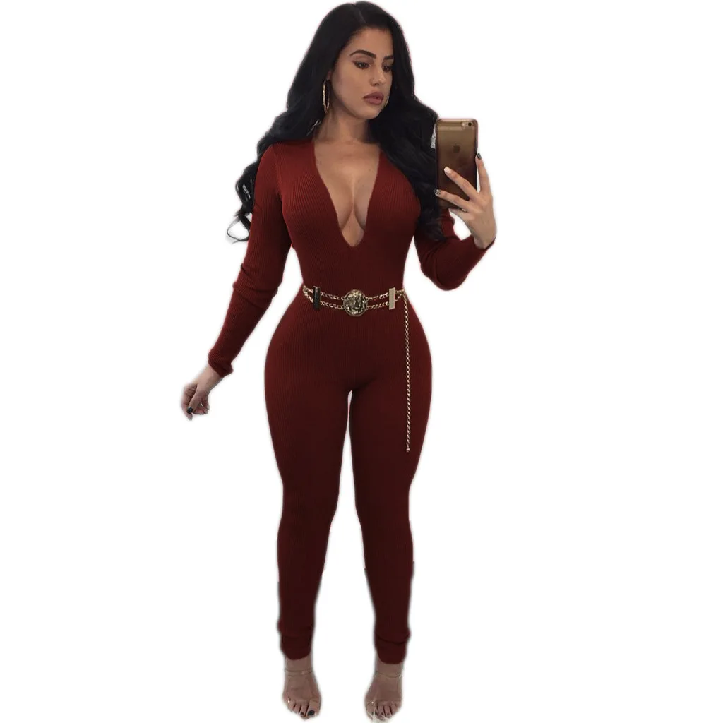Fashionable Solid Long Sleeve Round Collar Bodysuit Sexy Wrapped Chest Elegant Jumpsuits for Women Free Shipping |