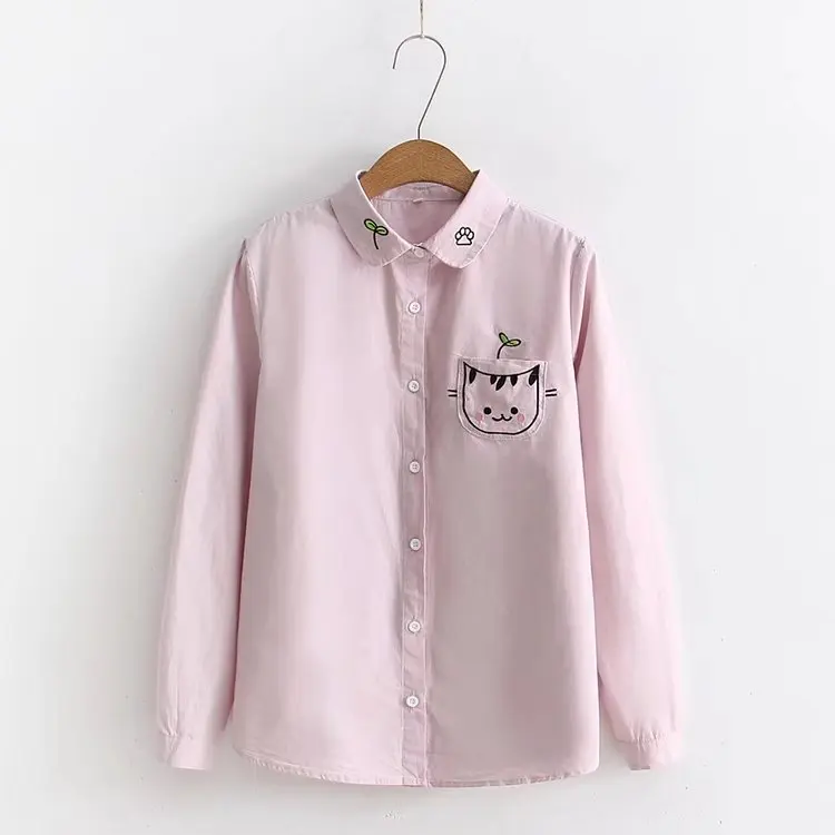 Женская белая блузка рубашка из хлопка Новинка лета милая с вышивкой кота