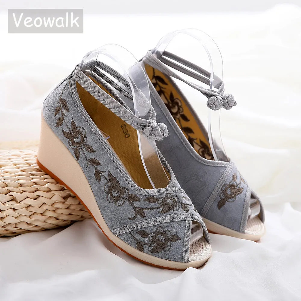 

Veowalk Ankle Strap Women Jacquard Cotton Embroidered Peep Toe Wedge Sandals 6.5cm Ladies Comfort Casual Summer Canvas Shoes