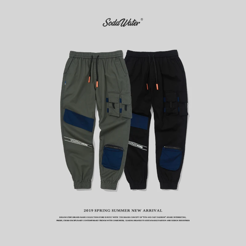 SODA WATER 2019 text printed cargo pants street men's waist elastic strength jogging 94181SS|Брюки-карго| |