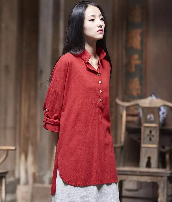 Spring Summer Chinese Style Cotton Linen Solid Color Original Design Women Long Sleeves Blouse |