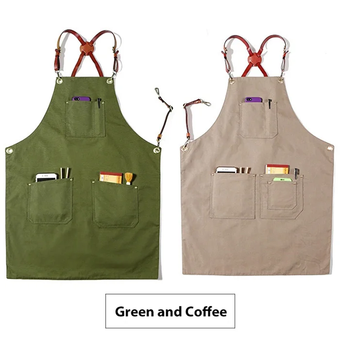 Green and Coffee Denim Cowboy BBQ Apron Bib Leather Straps Kitchen Apron for Women Men Barber Cooking Restaurant Waitress Print Logo - Цвет: Green and Coffee