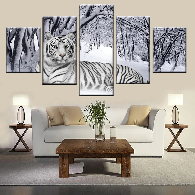 HD печати 5 Панель Снежный лес животное белый тигр плакат холст Гостиная Wall Art