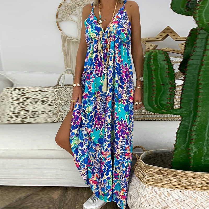 Элегантные женские платья в богемном стиле с цветочным принтом v образным