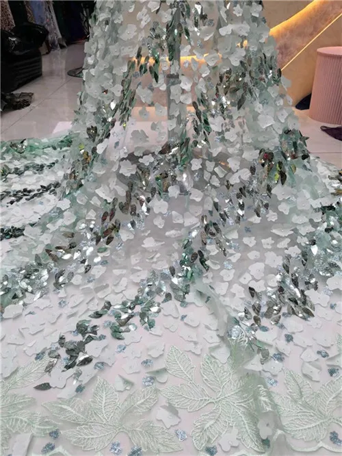 2019 African French Sequin Net Lace Fabric 5 Yards Bridal Tulle Magenta Green Nigeria Beaded For Wedding | Дом и сад