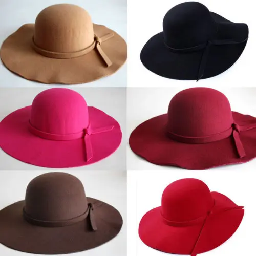 

2018 New Girl Fashion Vintage Women Wide Brim Sun Hat Felt Bowler Cap Lady Floppy Cloche