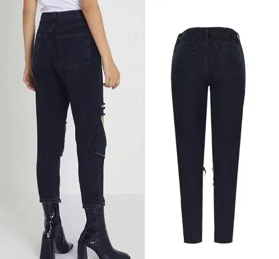 Женские джинсы с высокой талией свободные прямые облегающие дырками в стиле хип