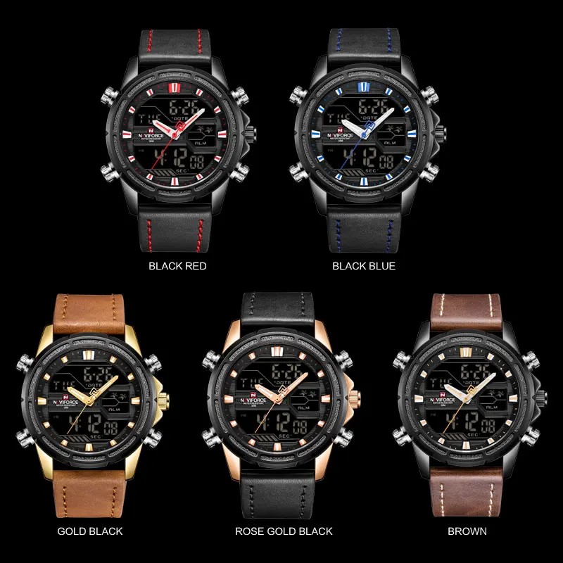 NAVIFORCE Мужские часы от бренда класса люкс мужские кожаные спортивные часы мужские кварцевые светодиодный цифровые часы водонепроницаемые военные наручные часы