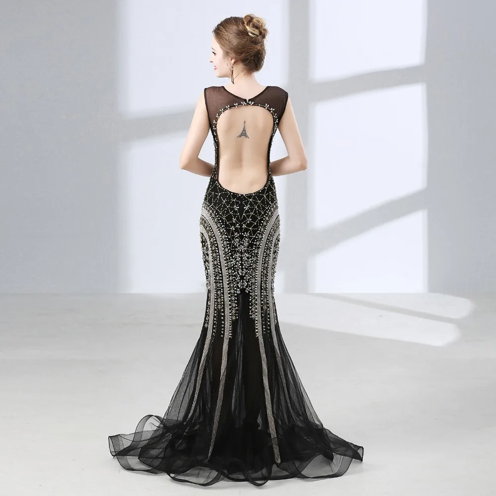 

Sparkly Beaded Shiny Crystal Black Mermaid Evening Dresses Backless Sleeveless Prom Dress Sexy Evening Party Dresses
