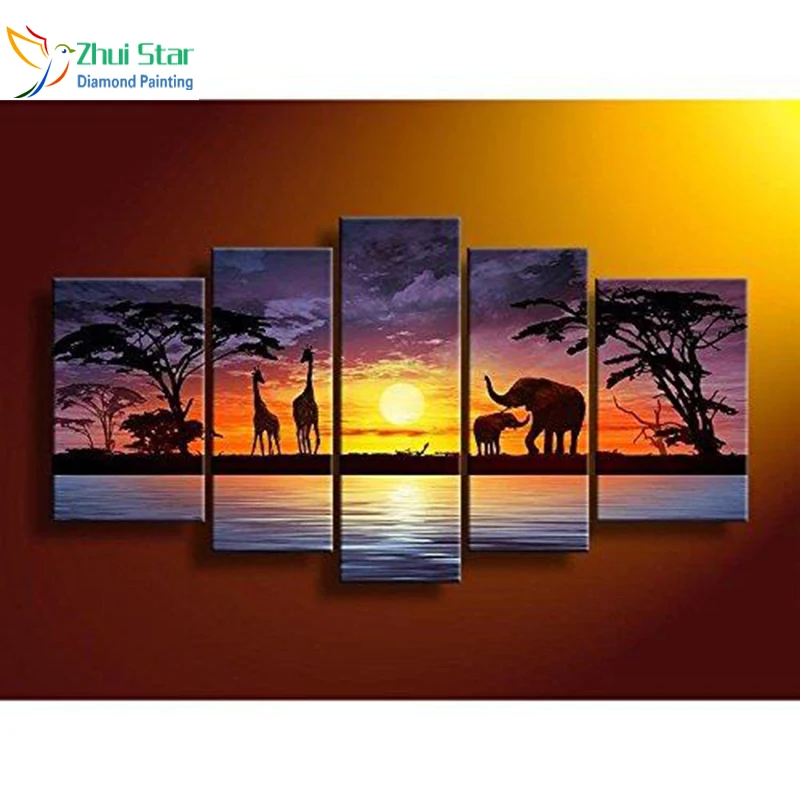 

Zhui star 5D DIY full Square drill Diamond drawing Cross Stitch Elephant & giraffe 5pcs Embroidery Rhinestones Mosaic home decor