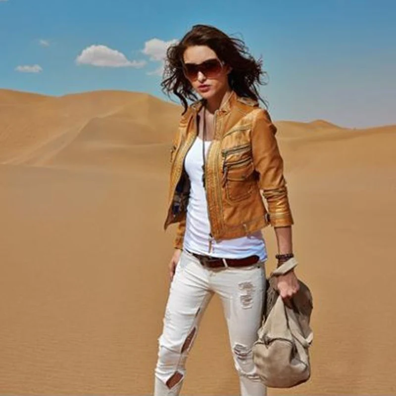 

Новое поступление, осенне-Весенняя винтажная женская короткая модная байкерская куртка из искусственной кожи желтого цвета, большие разме...