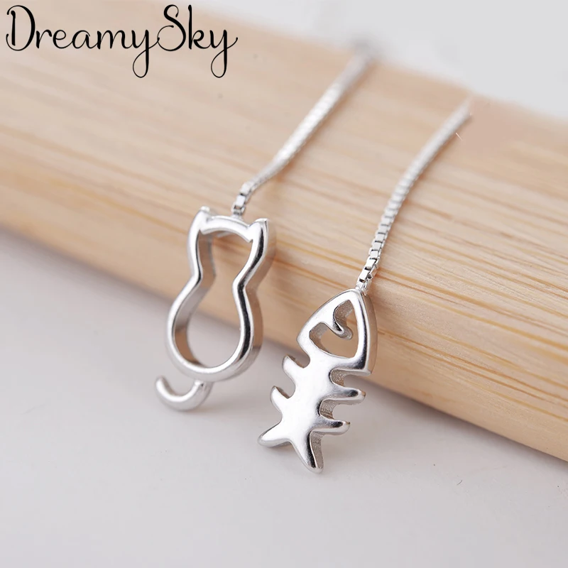 Женские серьги DreamySky брендовые Серебристые в виде кота рыбы Ювелирное Украшение |