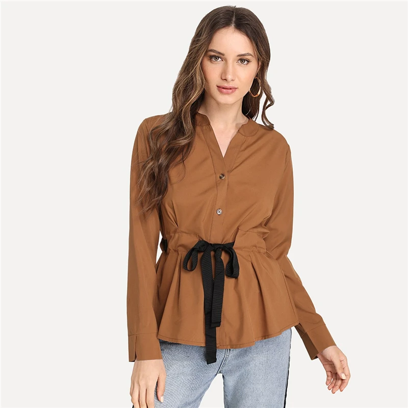 Dotfashion Camel, Женская однотонная блузка с завязками на талии, топы и блузки с длинным рукавом, v-образный вырез,, осенняя одежда, рубашка с планкой