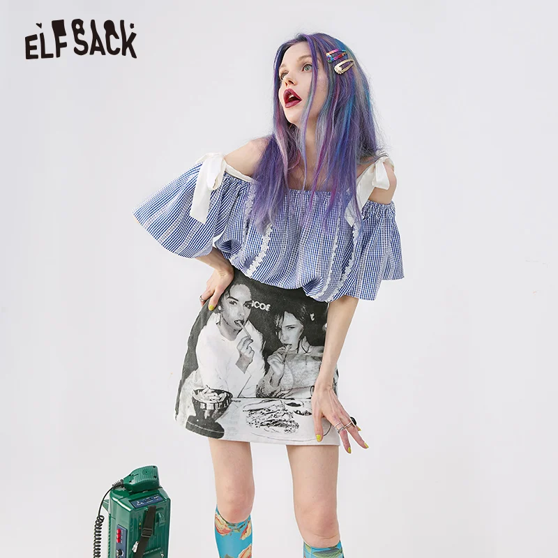 Женская рубашка с бантами на плечах ELF SACK голубой хлопковый топ котоновая