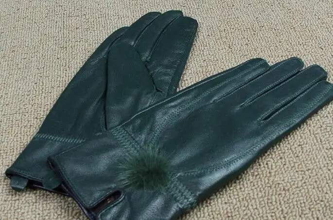 green Модные кожаные женские перчатки, перчатки из овчины, зимние теплые перчатки, черные женские кожаные перчатки в минималистическом стиле - Цвет: green