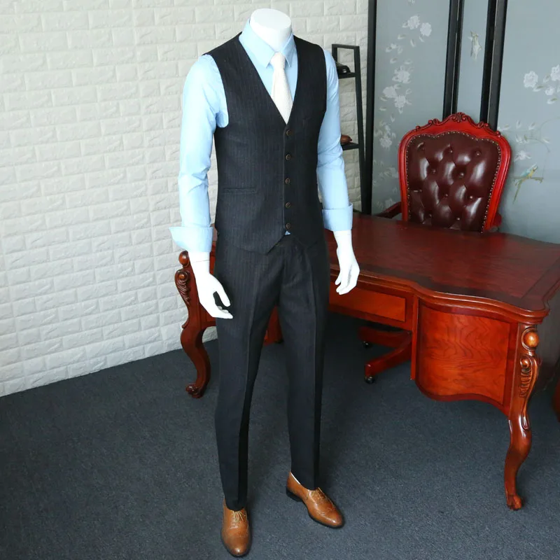 Business Casual Male Suit European style Wedding Suit For Men Grey Stripe Suit Blazer Coat three-piece Prom Mens Suits 365wt20