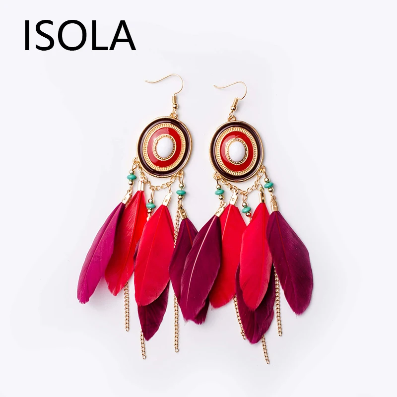 Круглые этнические серьги-кисточки ISOLA с перьями эффектные богемные серьги