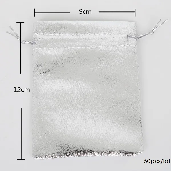 9x12cm Silver 50 шт., 7X9/9X12/10X15/13X18 см, серебристый/золотой цвет, металлическая фольга, мешочки из органзы, на Рождество, свадьбу, вечеринку, Любимые Подарки, сумки для конфет - Цвет: 9x12cm Silver