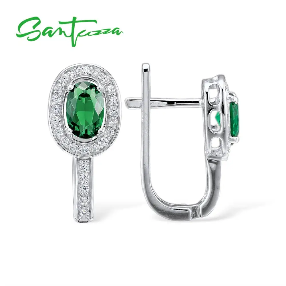 SANTUZZA, серебряные серьги для женщин, 925 пробы, серебряные, Овальные, Зеленый Кристалл, белые серьги с цирконием кубической огранки, модные ювелирные изделия