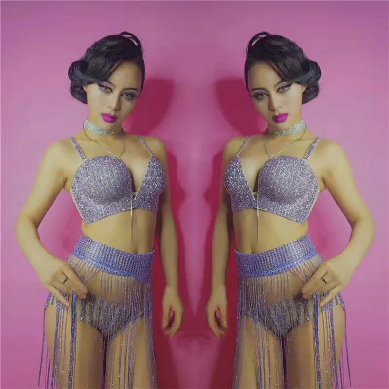 

F25 Ballroom pole dancer costumes party club wears bikini bra set tassel catwalk performance dress wears dj cloth outfit bar bod