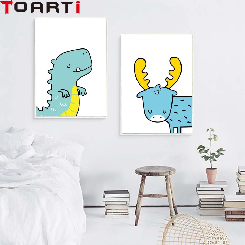 Красочные Мультяшные животные Фламинго медведь плакаты принты милый динозавр