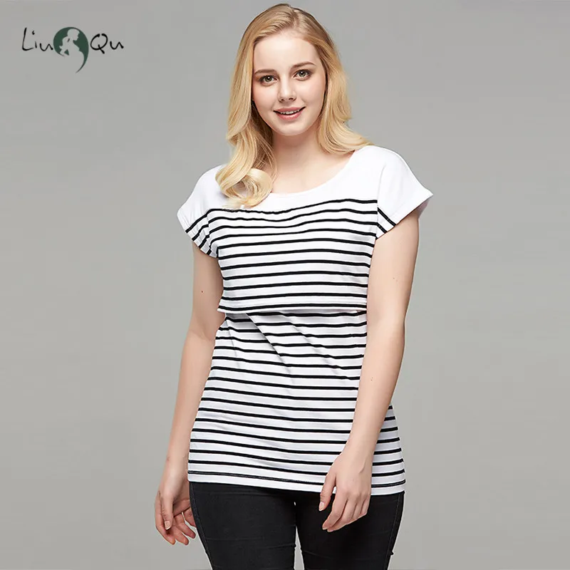 Womens Clothing Breastfeeding Clothes Maternity Blouses Top Short Sleeve Striped Pregnant Nursing Casual Pregnancy T-Shirt