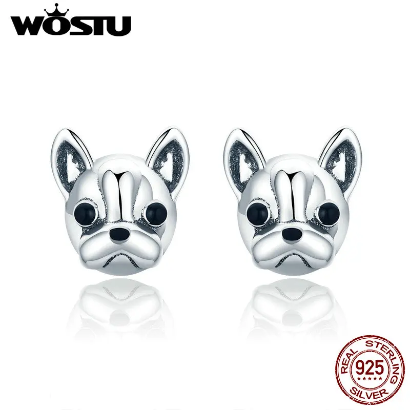WOSTU 925 пробы серебряные ЛОЯЛЬНЫЕ партнеры Французский бульдог Собака Животное маленькие серьги гвоздики для женщин Oorbellen ювелирные изделия CQE283
