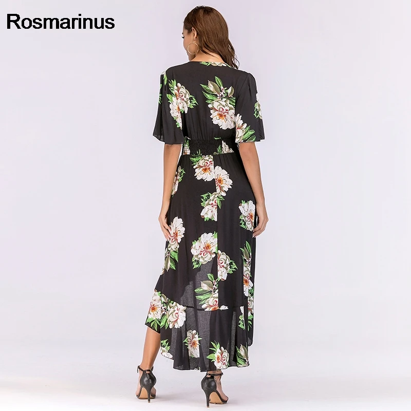 Floral Bohemian Long Dress 2018 Women Summer Deep V Neck Short Sleeve High Low Sexy Irregular Ruffles Beach Tunic Sundress | Женская